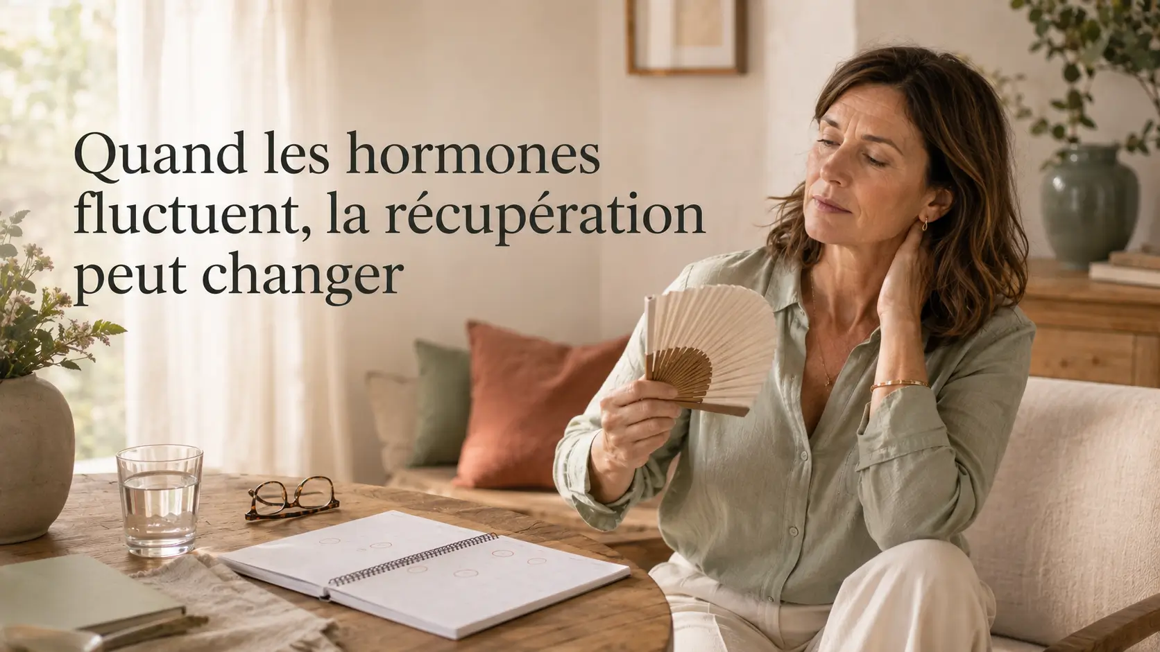 fluctuations-hormonales-recuperation-perimenopause Femme en périménopause confrontée aux fluctuations hormonales et à une récupération plus difficile