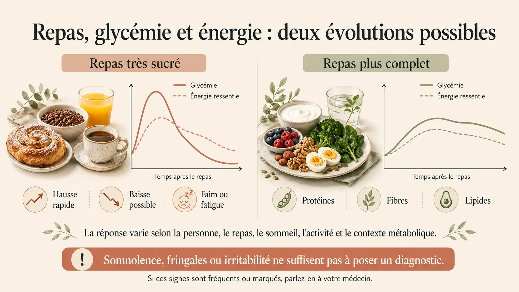 repas-glycemie-variations-energie-fatigue Comparaison des variations de glycémie et d’énergie après un repas très sucré ou plus complet