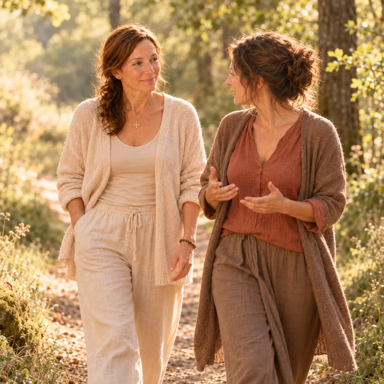 Accompagnement Respire Ressens Transforme avec Nadine Bach Nadine Bach marche sur un chemin en forêt aux côtés d’une femme pendant un accompagnement RRT