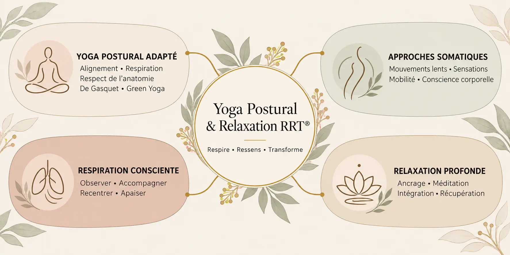 Qu’est-ce que le Yoga Postural & Relaxation RRT® ? Carte mentale présentant le Yoga Postural et Relaxation RRT avec yoga adapté, approches somatiques, respiration et relaxation
