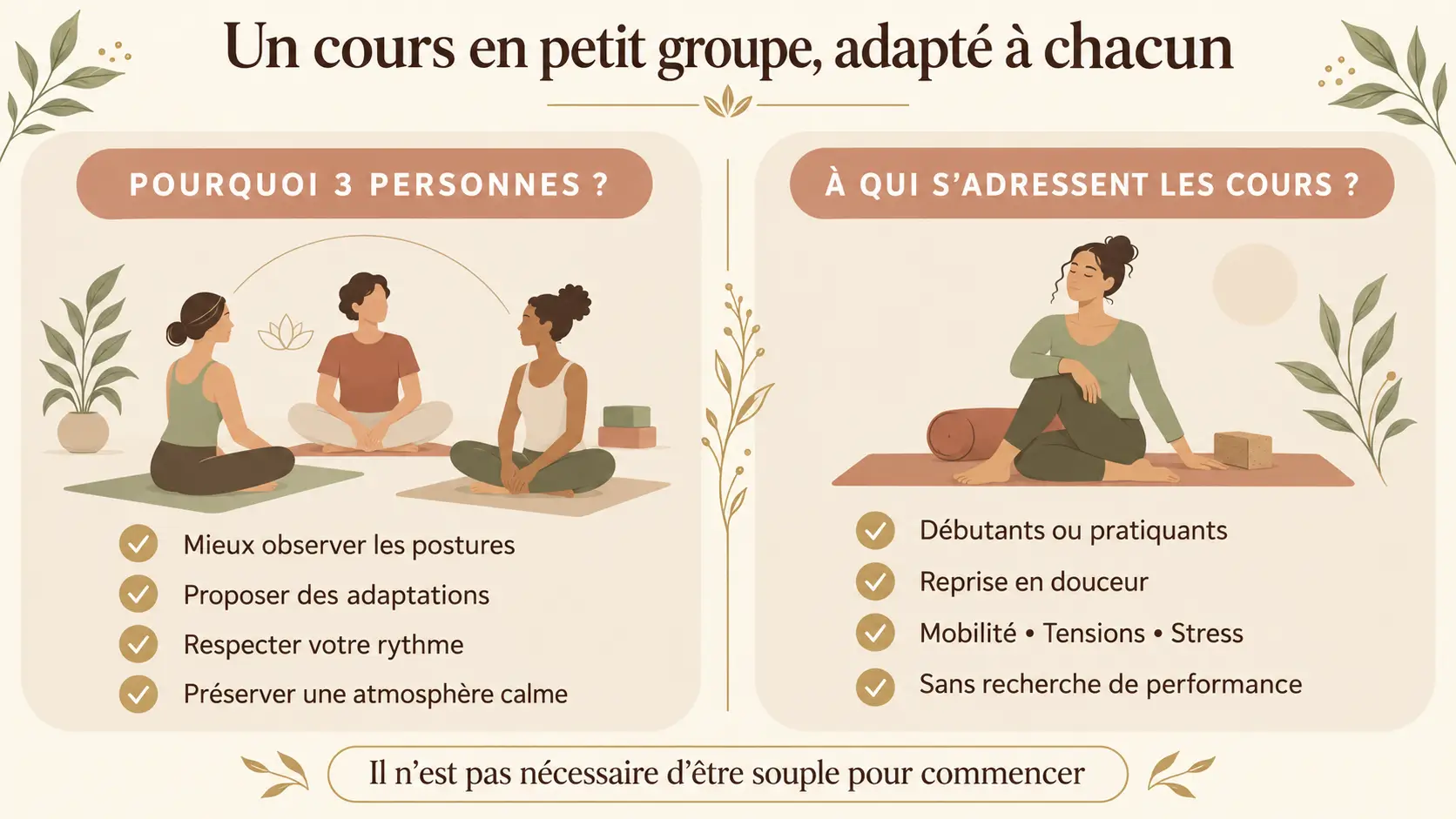 Pourquoi choisir un cours de yoga limité à trois personnes ? Avantages d’un cours de yoga limité à trois personnes et profils auxquels s’adresse le Yoga Postural et Relaxation RRT