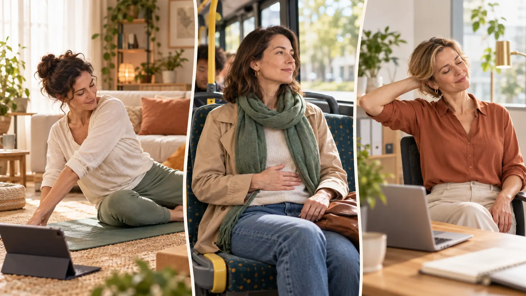Femmes pratiquant des exercices somatiques et respiratoires chez elles, dans le bus et au travail.