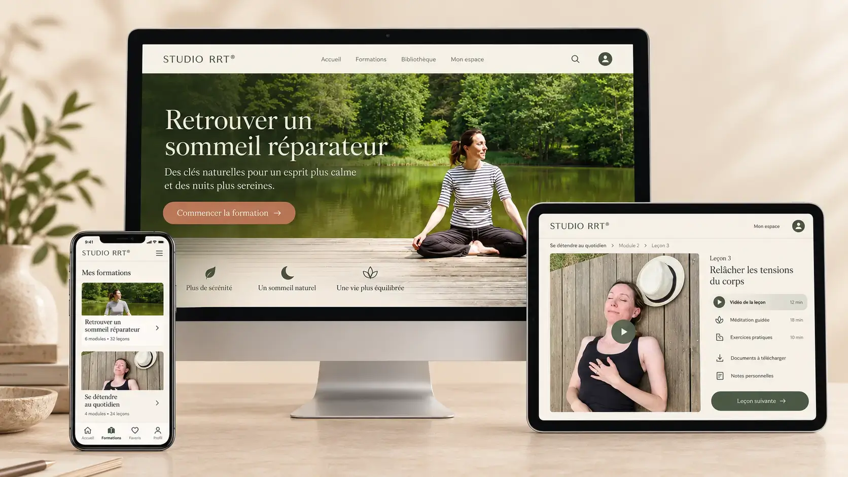 Studio RRT® accessible sur ordinateur, tablette et téléphone avec le programme Retrouver un sommeil réparateur.