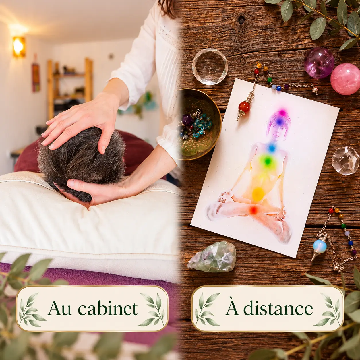 Séance énergétique et Reiki à Dabo – Nadine Bach Illustration d’une séance de Reiki, avec les mains au-dessus d’une personne allongée et des pierres à proximité.